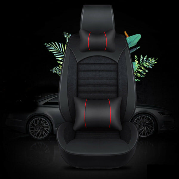 Univesal 5-Seats Car Seat Cover Full Set Waterproof PU Leather Cushion Pillow