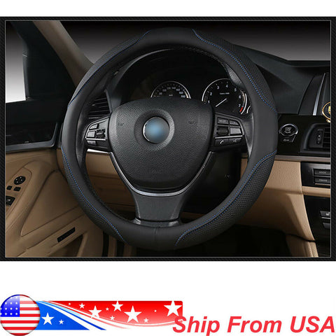 Car Steering Wheel Cover PU Leather Black&Blue Anti-Slip for 38CM/15
