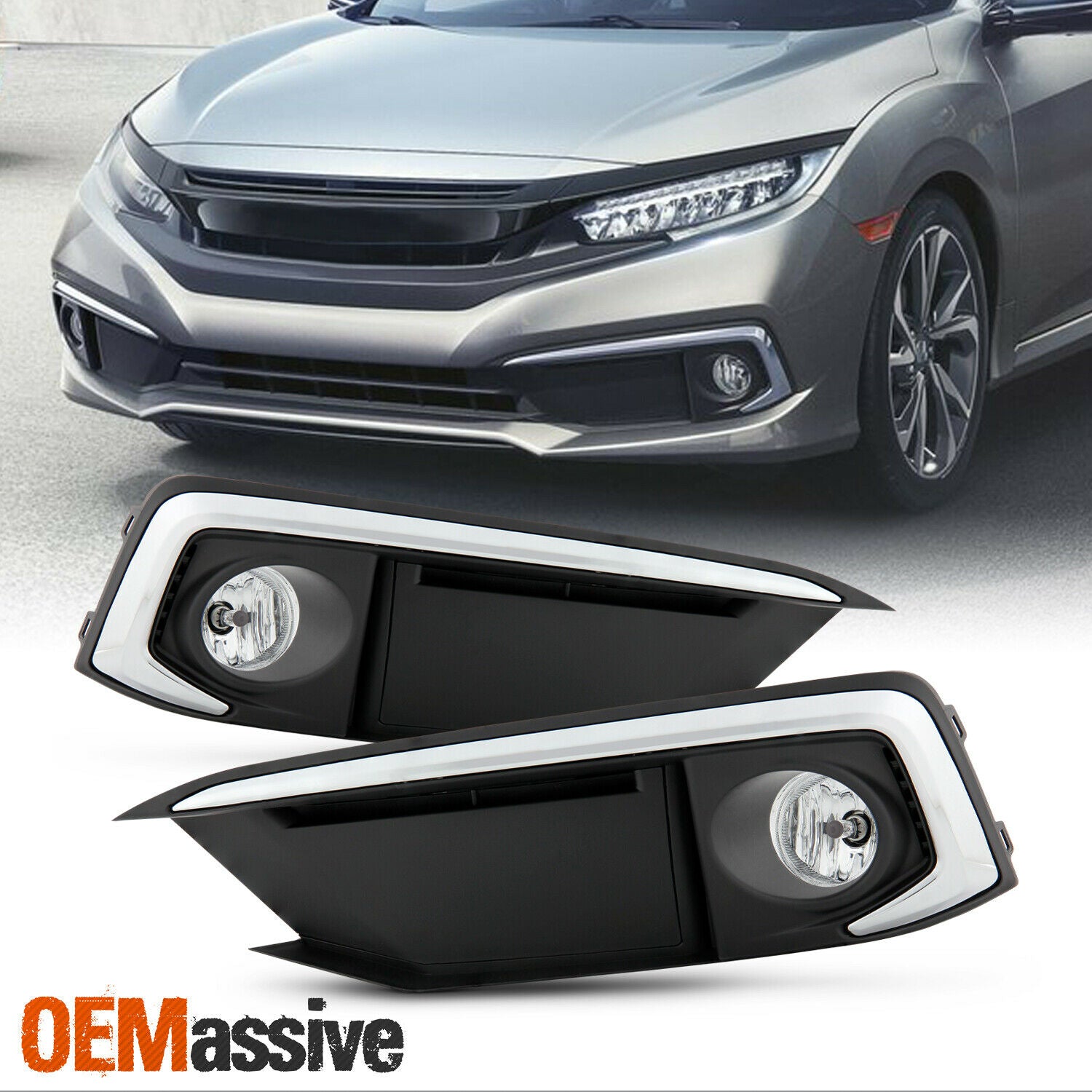 For 2019-2020 Honda Civic Sedan / Coupe Chrome Trim Clear Bumper Fog Lights Pair