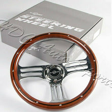 W-Power 350MM 14" Dark Wood Grip 6-Hole Chrome 3-Spoke Vintage Steering Wheel