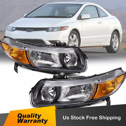 for 2006-2011 Honda Civic 2 Door Coupe Headlights Headlamps Lamp Black Housing