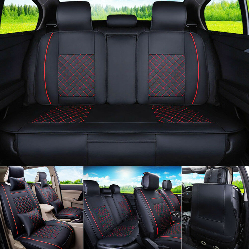 PU Leather Car Seat Cover Mat Rear+Front Black W/ Red Size L for 5 Seats Auto