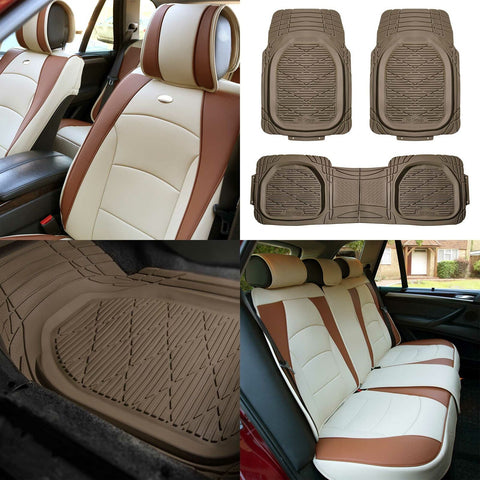 Faux Leatherette Seat Cushion Cover For Car SUV Auto Beige w/ Beige Deep Mats