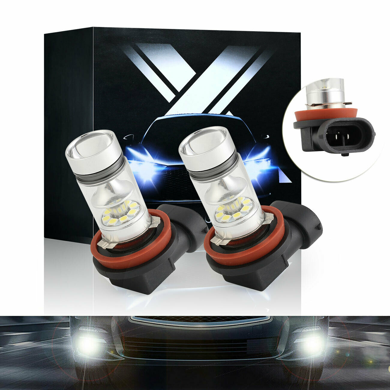 PAIR LED Fog Driving Light Bulbs H11 H16 H8 6000K Xenon Bright White 100W 20SMD
