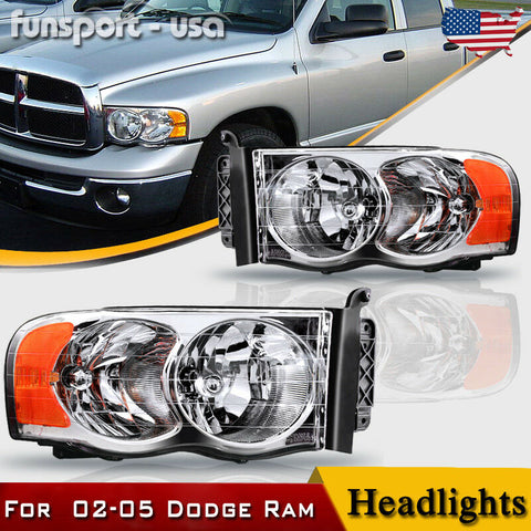 for 2002-2005 Dodge Ram 1500 2500 3500 Chrome Headlights Headlamps Left+Right