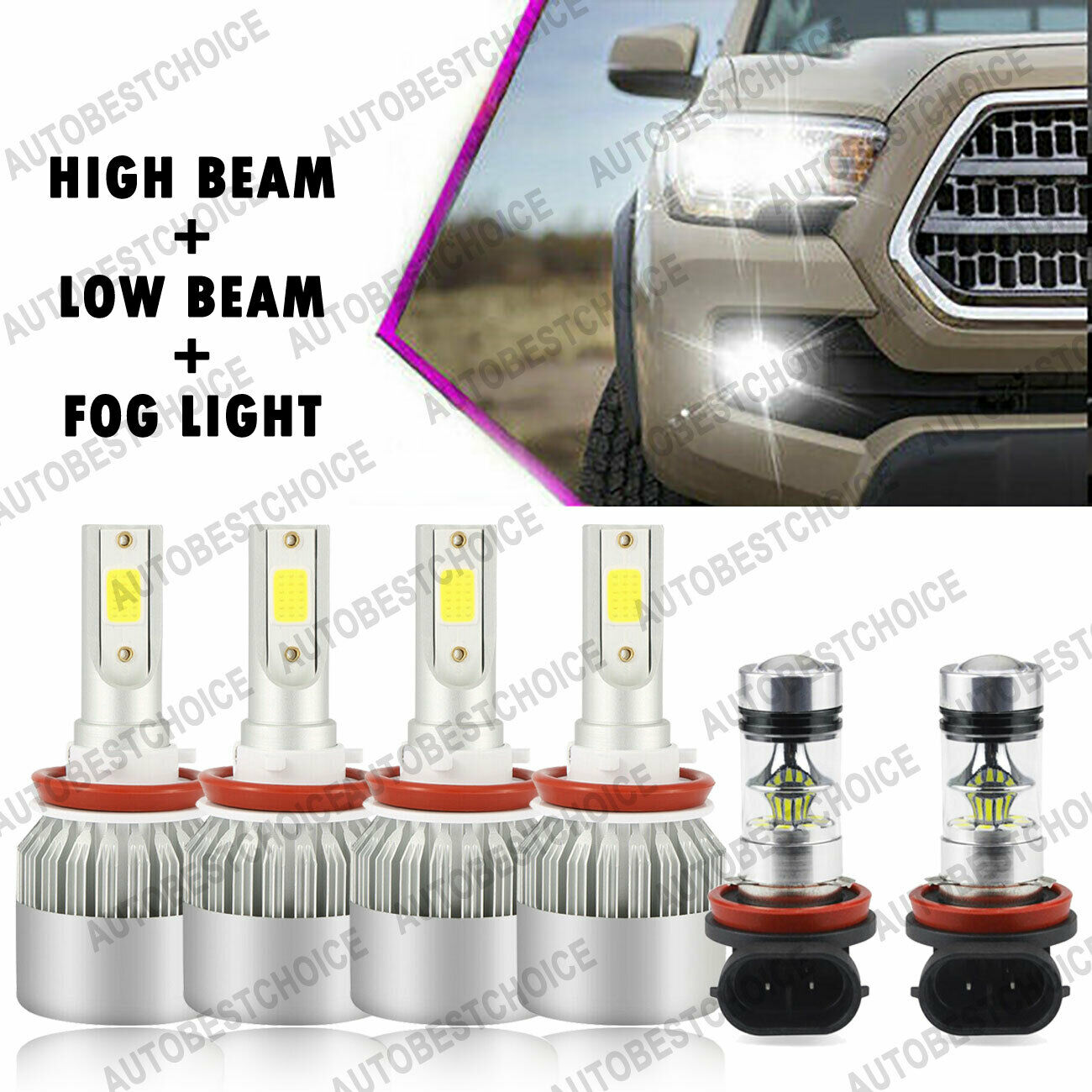 Combo H11 H8 H9 LED Headlight Hi-Low+ Fog Light Bulbs 6K for Toyota Tacoma 16-19