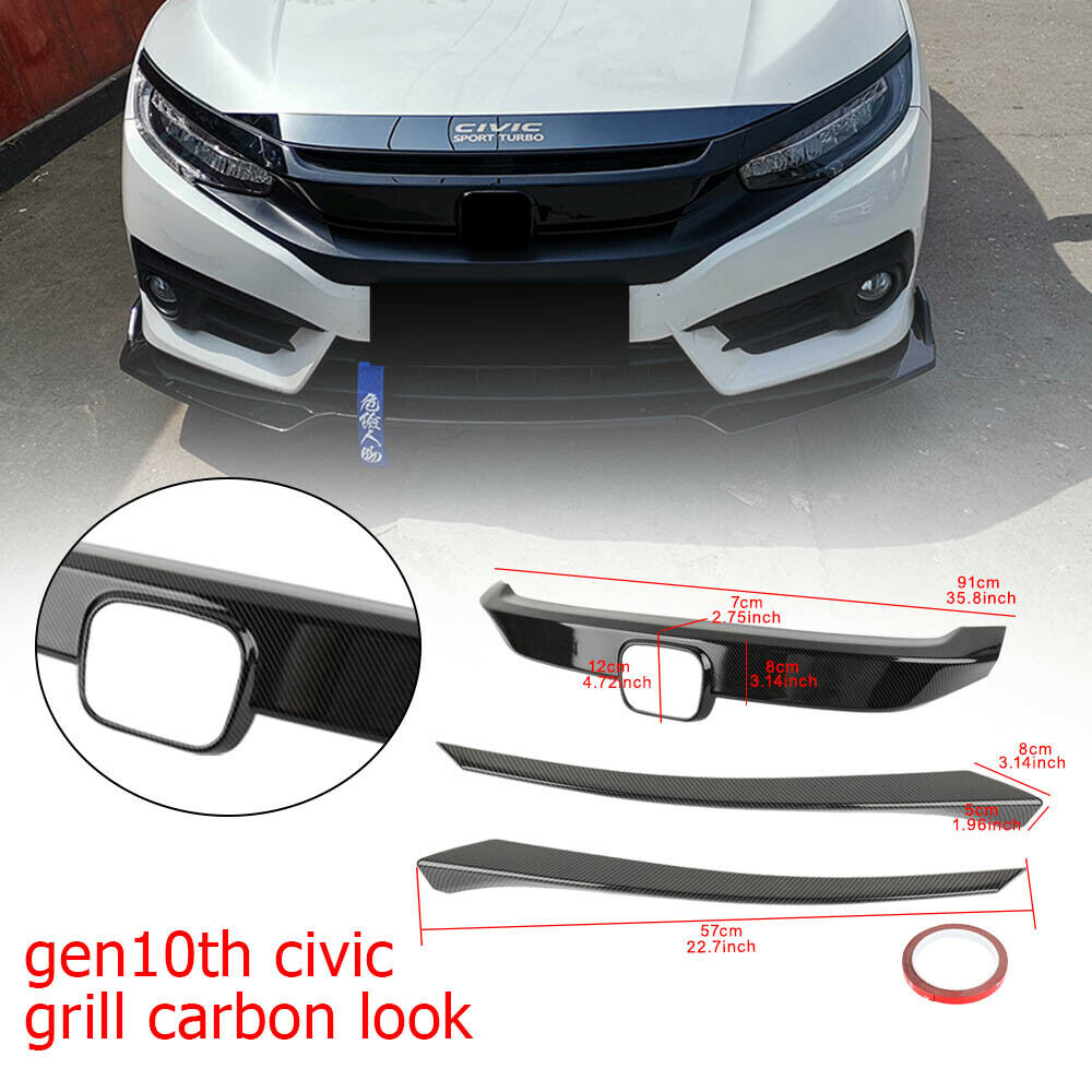 3PCS Front Bumper Cover Grille ABS Carbon Fiber For Honda Civic 2016-2020