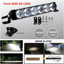 7" 60W Single Row Slim 4D LENS Spot Beam LED Light Bar Offroad Driving Fog Lamp