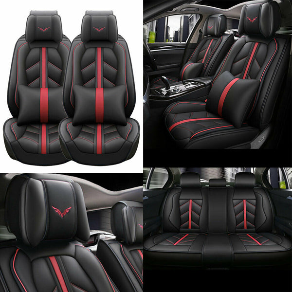 PU Leather Car Seat Covers Protector 5-Sits Black Front Rear Cushions Universal