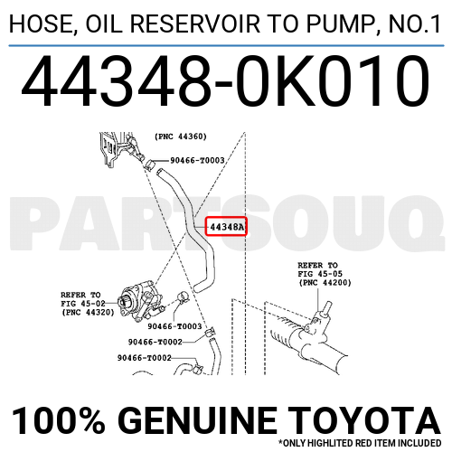 443480K010 Genuine Toyota HOSE, OIL RESERVOIR TO PUMP, NO.1 44348-0K010