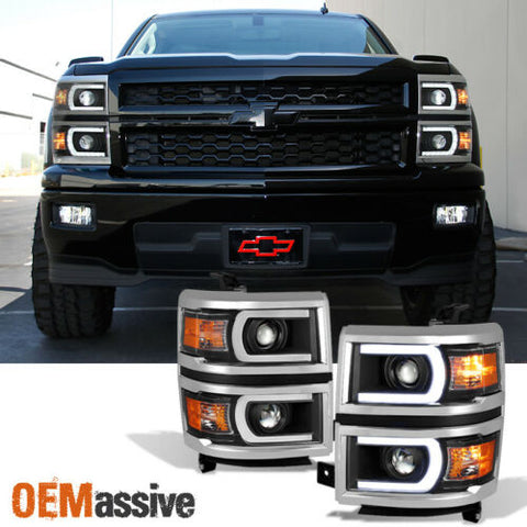 Fit 2014-2015 Silverado 1500 Black LED DRL U Neon Bar Style Projector Headlights