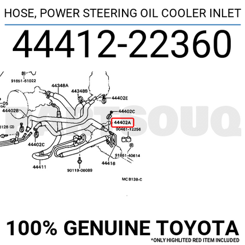 4441222360 Genuine Toyota HOSE, POWER STEERING OIL COOLER INLET 44412-22360