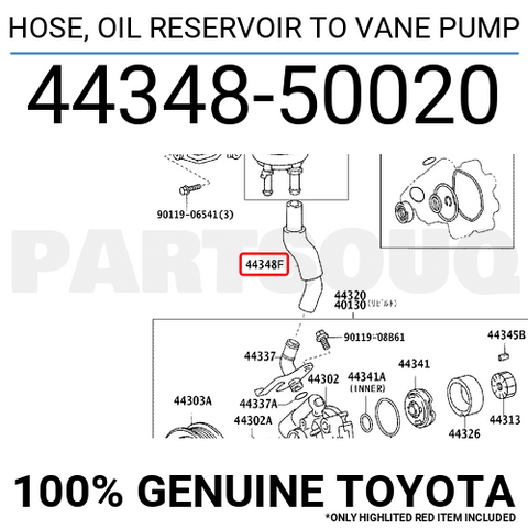 4434850020 Genuine Toyota HOSE, OIL RESERVOIR TO VANE PUMP 44348-50020