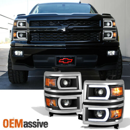 Fit 2014-2015 Silverado 1500 Black LED DRL U Neon Bar Style Projector Headlights