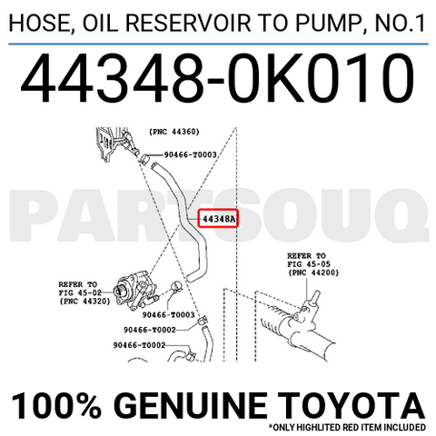 443480K010 Genuine Toyota HOSE, OIL RESERVOIR TO PUMP, NO.1 44348-0K010