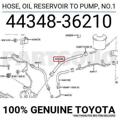 4434836210 Genuine Toyota HOSE, OIL RESERVOIR TO PUMP, NO.1 44348-36210